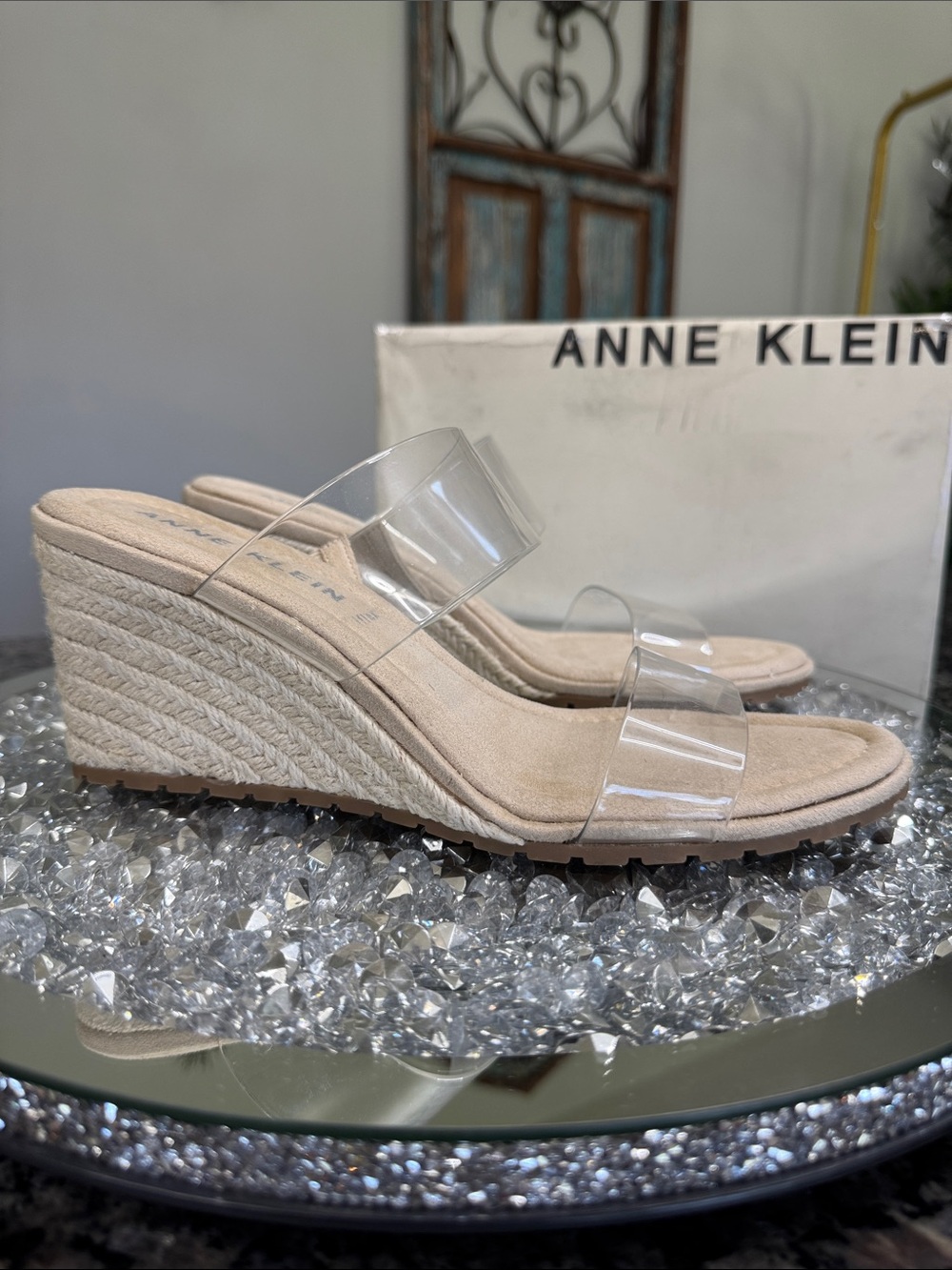 Anne Klein Clear Strap Espadrille Wedge Sandals in Nude